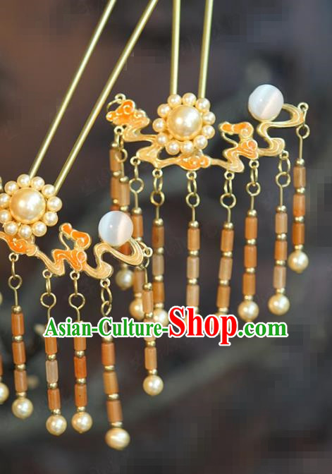 China Wedding Pearls Hairpin Traditional Xiuhe Suit Hair Accessories Ancient Bride Ceregat Tassel Hair Stick