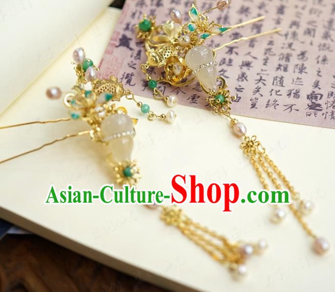 China Ancient Palace Golden Fish Hairpin Wedding Bride Gourd Hair Stick Traditional Xiuhe Suit Hair Accessories
