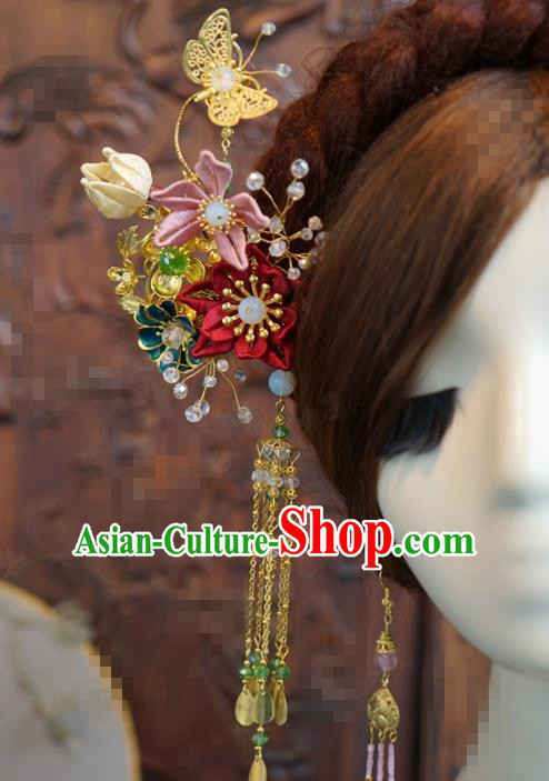 China Wedding Bride Silk Flowers Tassel Hairpin Traditional Hanfu Palace Hair Stick Xiuhe Suit Hair Accessories