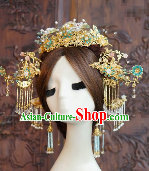 China Wedding Xiuhe Suit Headdress Traditional Hair Accessories Ancient Bride Golden Hair Crown and Tassel Hairpins
