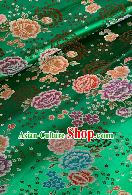 Chinese Classical Peony Plum Pattern Design Green Brocade Fabric Asian Traditional Satin Tang Suit Silk Material