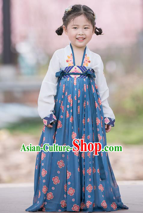 Chinese Traditional Girls Embroidered White Blouse and Blue Skirt Ancient Song Dynasty Princess Costume for Kids
