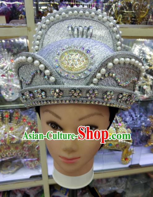 Chinese Traditional Peking Opera White Hat Handmade Ancient Emperor Headwear for Men