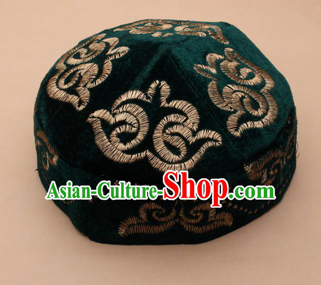 Chinese Traditional Kazak Minority Embroidered Deep Green Velvet Hat Ethnic Xinjiang Stage Show Headwear for Men