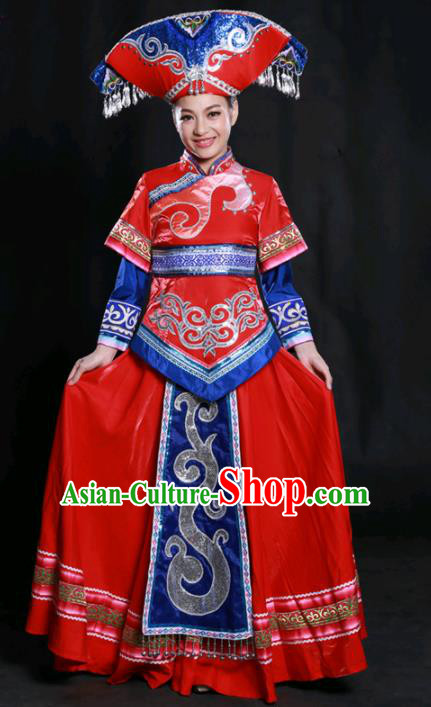 Chinese Traditional Guangxi Zhuang Nationality Red Dress Ethnic Minority Folk Dance Stage Show Costume for Women