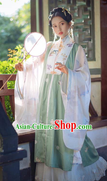 Chinese Traditional Hanfu Green Long Vest Ancient Ming Dynasty Princess Costume for Women