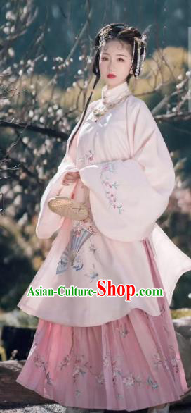 Traditional Chinese Ancient Nobility Lady Pink Embroidered Dress Ming Dynasty Palace Princess Costumes for Women