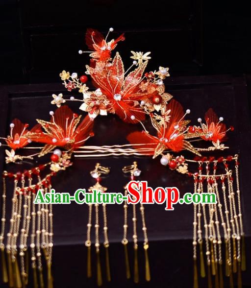 Chinese Traditional Wedding Hair Accessories Red Silk Flower Hairpins Handmade Bride Hair Combs for Women