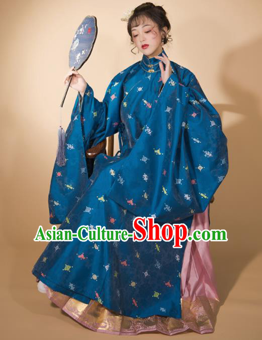 Traditional Chinese Ming Dynasty Blue Blouse and Pink Skirt Ancient Royal Infanta Historical Costumes for Women