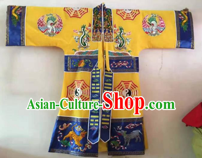 Chinese National Taoist Embroidered Yellow Priest Frock Cassock Traditional Taoism Rites Costume for Men