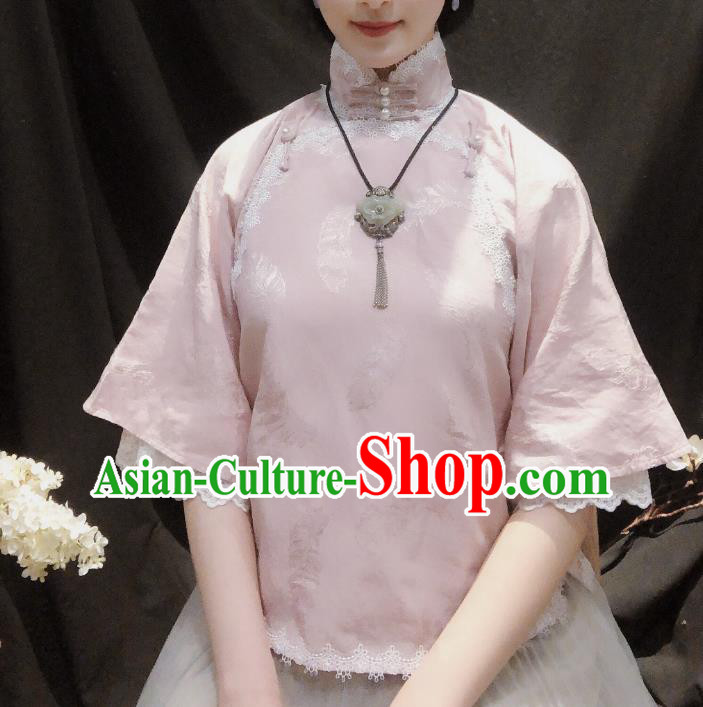 Chinese Traditional Tang Suit Pink Lace Shirt National Upper Outer Garment Blouse Costume for Women