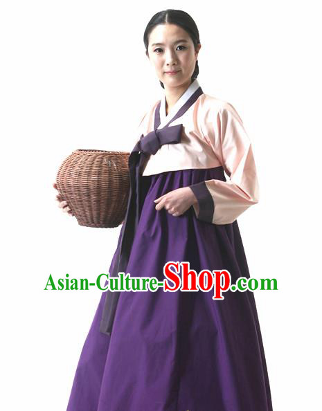 Korean Traditional Court Hanbok Champagne Blouse and Purple Dress Garment Asian Korea Fashion Costume for Women
