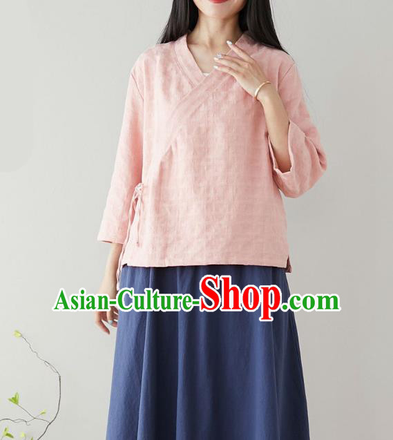 Traditional Chinese Pink Flax Shirt Li Ziqi Tang Suit Blouse Upper Outer Garment Costume for Women