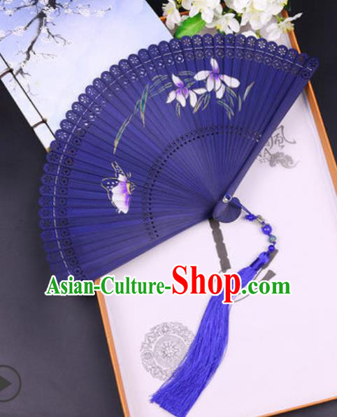 Chinese Traditional Painting Orchid Butterfly Blue Bamboo Folding Fans Handmade Accordion Classical Dance Fan