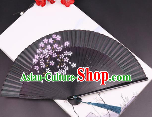 Chinese Traditional Painting Deep Gray Silk Folding Fans Handmade Accordion Classical Dance Bamboo Fan
