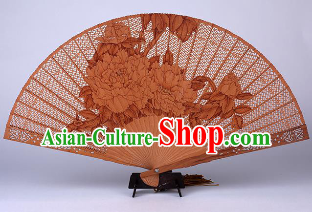 Traditional Chinese Handmade Carving Peony Sandalwood Folding Fan China Accordion Fan Oriental Fan