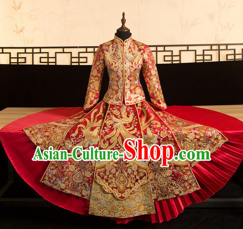 Chinese Traditional Embroidered Diamante Xiuhe Suits Wedding Bride Dress Ancient Costume for Women