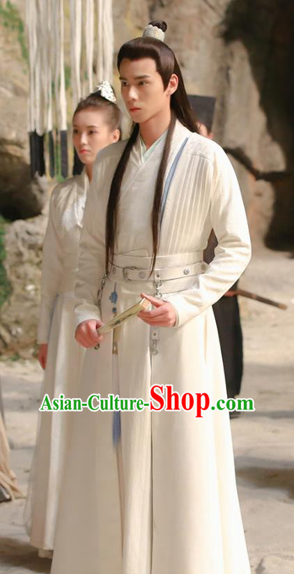 Chinese Ancient Swordsman Hua Wuque White Clothing Historical Drama Handsome Siblings Costume and Headpiece for Men