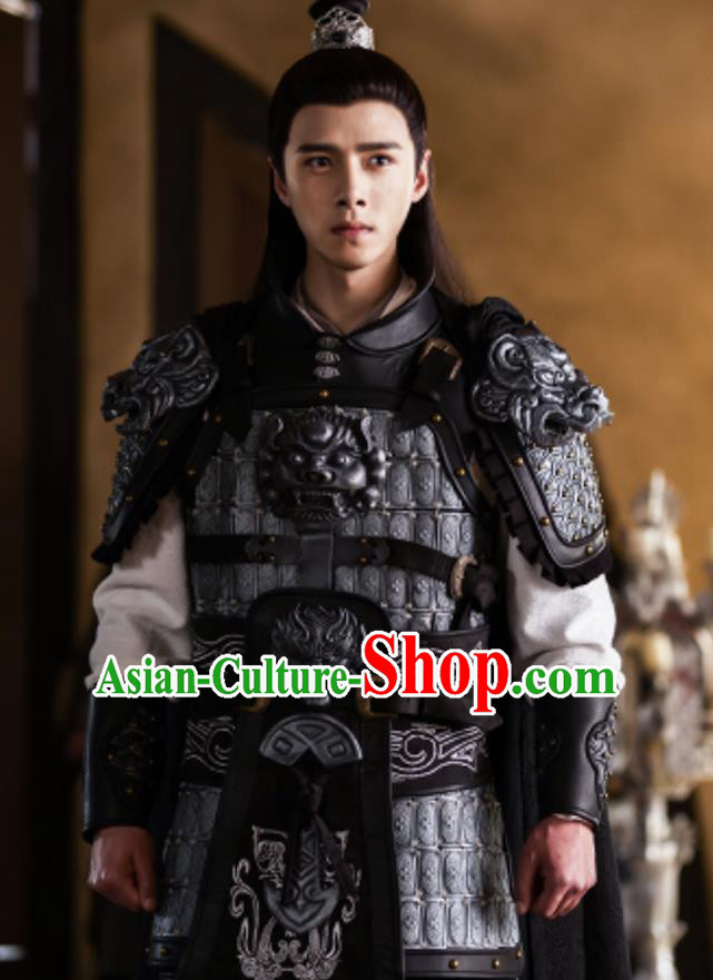 Chinese Drama The Love By Hypnotic Ancient General Li Qian Armor Historical Costume and Headwear for Men