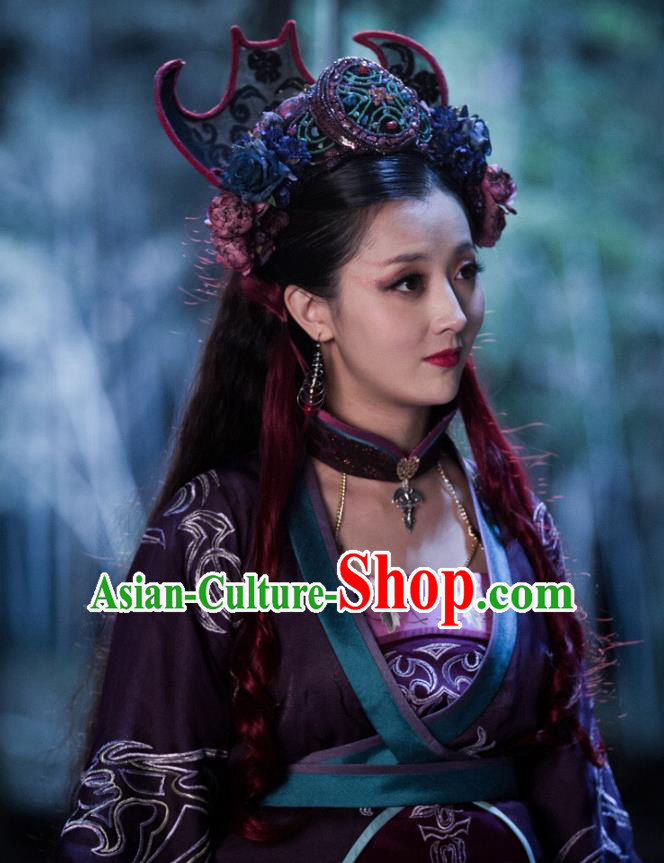 Chinese Ancient Demon Queen Mu Ziling Purple Dress Historical Drama Demon Catcher Costume and Headpiece for Women