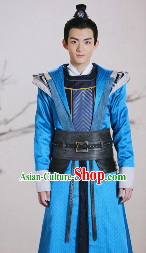 Chinese Ancient Young Knight Clothing and Headwear Drama Tang Dynasty Tour Swordsman Cheng Chumo Blue Costumes