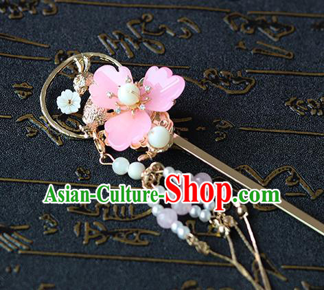Chinese Ancient Hanfu Pink Flower Hair Accessories Women Hairpin Headwear Tassel Hair Clip