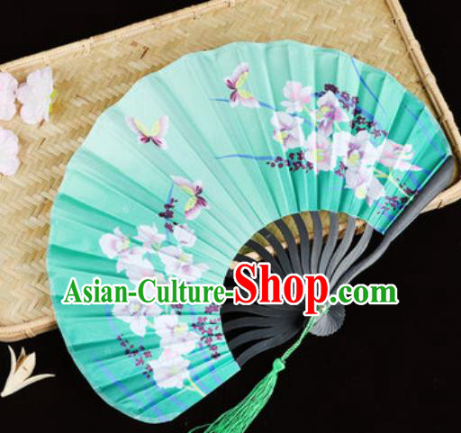 Handmade Chinese Printing Orchids Butterfly Green Satin Fan Traditional Classical Dance Accordion Fans Folding Fan