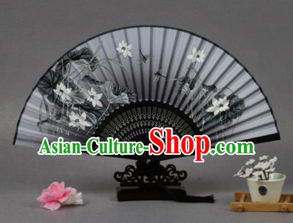 Handmade Chinese Printing Lotus Grey Silk Fan Traditional Classical Dance Accordion Fans Folding Fan