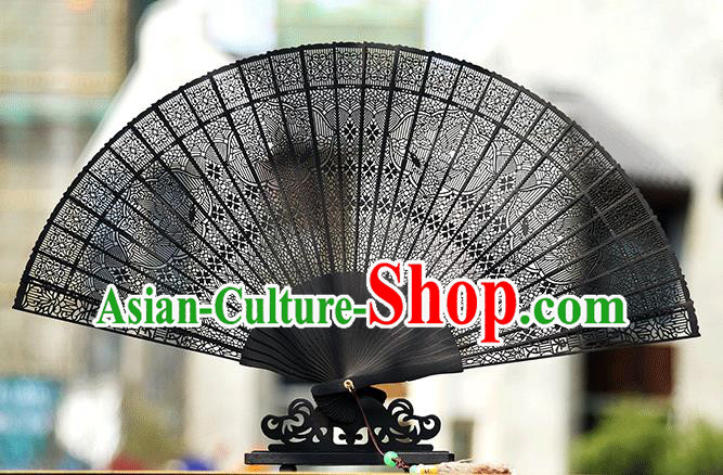 Handmade Chinese Carving Phoenix Ebony Fan Traditional Classical Dance Accordion Fans Folding Fan