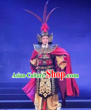 Chinese Yue Opera Wusheng Armor Garment Costumes and Headwear Tong Que Tai Shaoxing Opera General Apparels