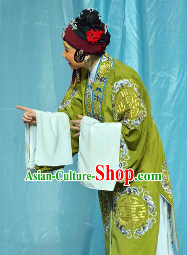 Chinese Shaoxing Opera Elderly Female Dress The Jade Hairpin Yue Opera Costumes Apparels Old Woman Green Garment and Hair Accessories