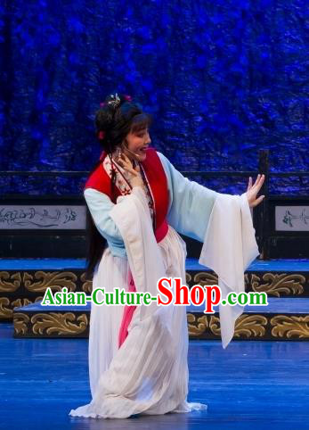 Chinese Shaoxing Opera Servant Girl Cui Yun Dress Yue Opera Wu Nv Bai Shou Costumes Xiao Dan Young Lady Apparels Garment and Hair Accessories