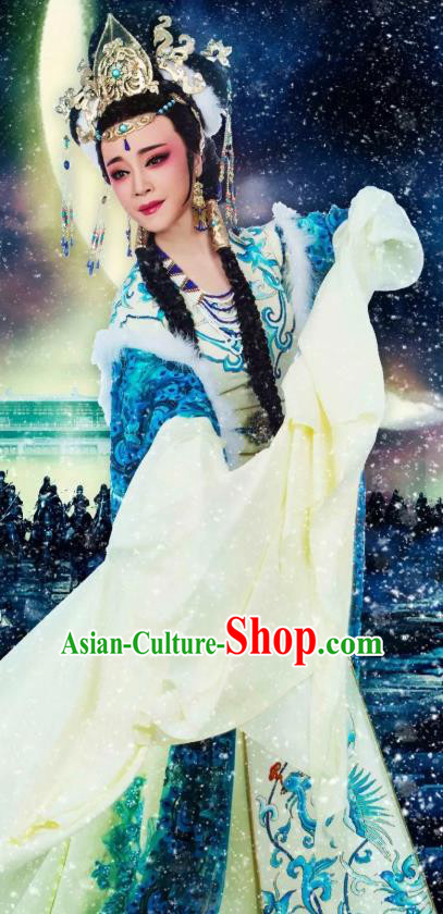 Chinese Shaoxing Opera Actress Dress Costumes and Headdress The Desolate Palace of Liao Yue Opera Hua Tan Queen Xiao Guanyin Garment Apparels