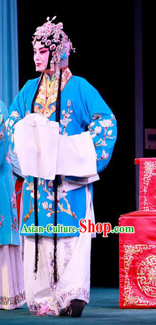 Chinese Beijing Opera Rich Lady Che Jingfang Apparels Shi Wen Hui Costumes and Headpieces Traditional Peking Opera Hua Tan Dress Young Beauty Blue Garment