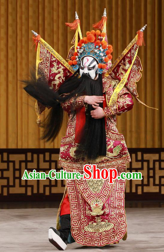 Bei Fa Zhong Yuan Chinese Peking Opera Wusheng Red Kao Garment Costumes and Headwear Beijing Opera General Apparels Armor Clothing with Flags