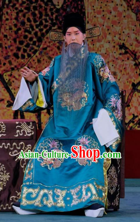 Ding Sheng Chun Qiu Chinese Peking Opera Elderly Male Apparels Costumes and Headpieces Beijing Opera Laosheng Garment Official Blue Robe Clothing