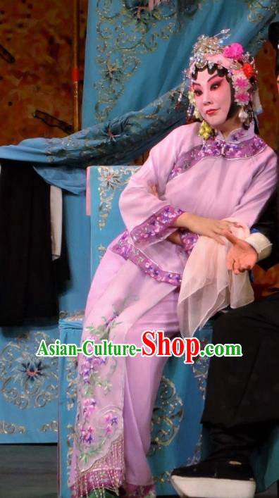 Chinese Beijing Opera Hua Tan Pan Qiaoyun Garment Cui Ping Mount Costumes and Hair Accessories Traditional Peking Opera Young Lady Pink Dress Apparels