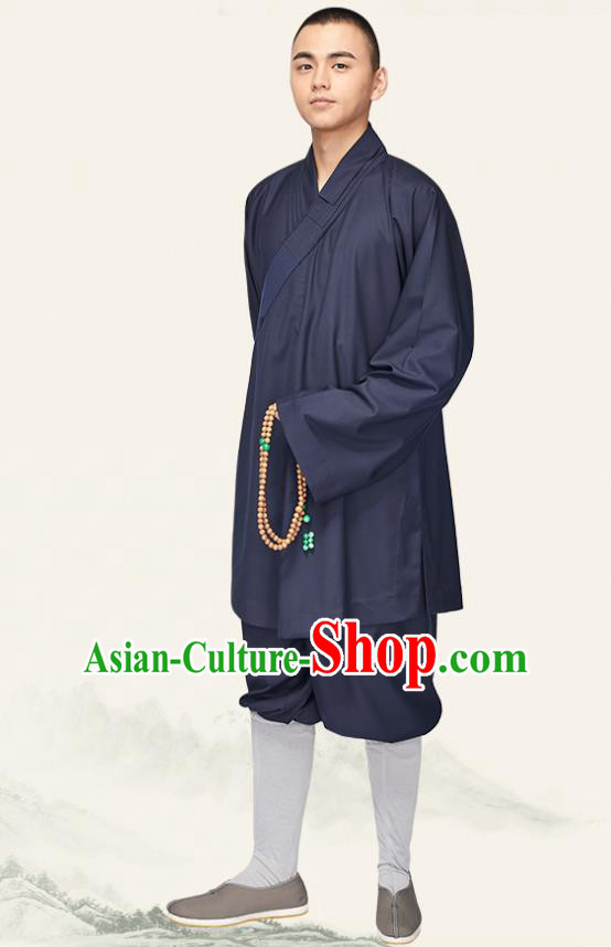 Chinese Traditional Monk Navy Flax Short Gown and Pants Meditation Garment Buddhist Bonze Costume for Men