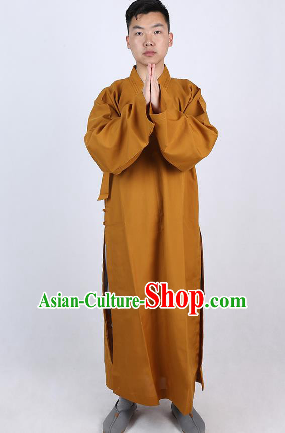 Chinese Traditional Buddhist Monk Khaki Robe Costume Meditation Garment Dharma Assembly Bonze Frock Gown for Men
