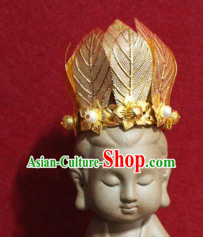 Traditional Chinese Handmade Buddhist Statues Hair Crown Golden Leaf Hair Accessories Headwear