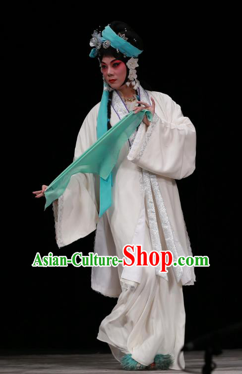 Chinese Beijing Opera Hua Tan Yan Poxi Apparels Costumes and Headdress Wu Long Yuan Traditional Peking Opera Actress White Dress Young Lady Garment