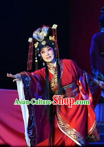 Chinese Jin Opera Hua Tan Garment Costumes and Headdress Zhen Luo Nv Traditional Shanxi Opera Diva Zhen Luo Apparels Actress Red Dress