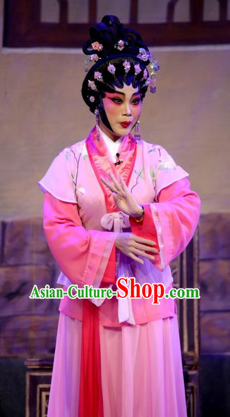 Chinese Cantonese Opera Village Girl Garment Costumes and Headdress Traditional Guangdong Opera Diva Bai Lixiang Apparels Country Woman Pink Dress