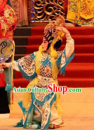 Chinese Cantonese Opera Swordswoman Garment Yu Huang Deng Dian Costumes and Headdress Traditional Guangdong Opera Tao Ma Tan Apparels Martial Female Dress
