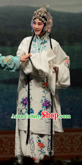 Chinese Hebei Clapper Opera Hua Tan Bai Suzhen Garment Costumes and Headdress Madam White Snake Traditional Bangzi Opera Actress Dress Young Beauty Apparels