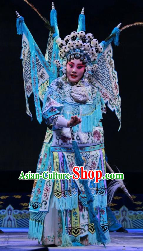 Chinese Shanxi Clapper Opera Tao Ma Tan Mu Guiying Garment Costumes and Headdress Women General of Yang Family Traditional Bangzi Opera Dress Apparels with Flags