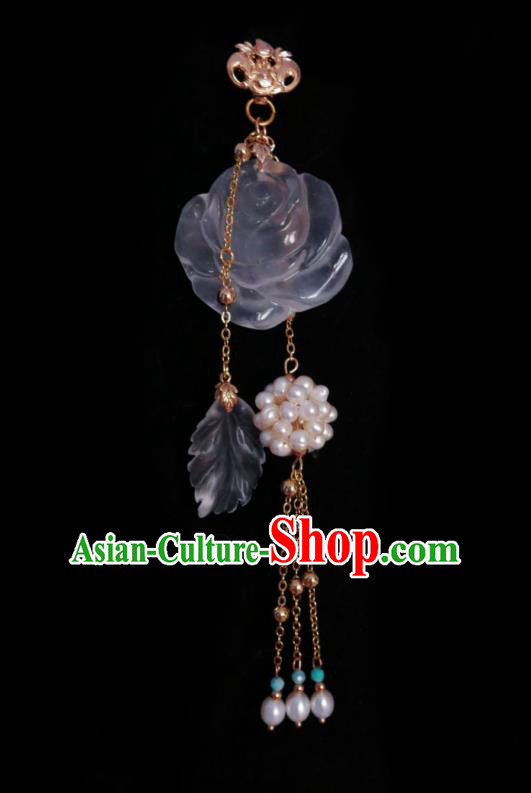 Chinese Classical Carving Rose Brooch Traditional Hanfu Cheongsam Accessories Handmade Pearls Tassel Breastpin Pendant for Women