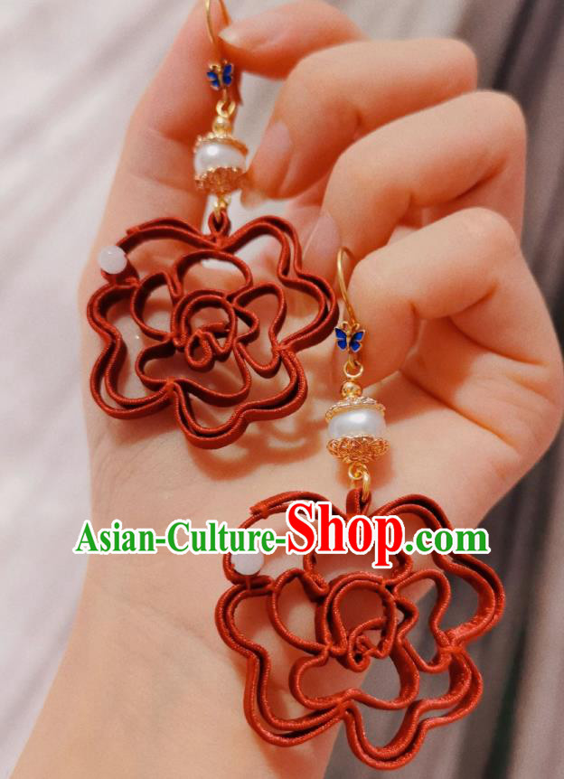 Chinese Handmade Earrings Traditional Hanfu Ear Jewelry Accessories Classical Red Silk Eardrop for Women