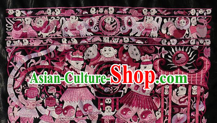 Chinese Traditional Embroidered Wine Red Fabric Patches Handmade Embroidery Craft Embroidering Character Applique Miao Ethnic Accessories