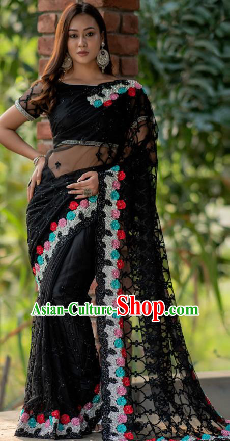 Asian India Court Lehenga Costumes Asia Indian Traditional Festival Embroidered Diamond Black Blouse and Skirt and Sari Full Set